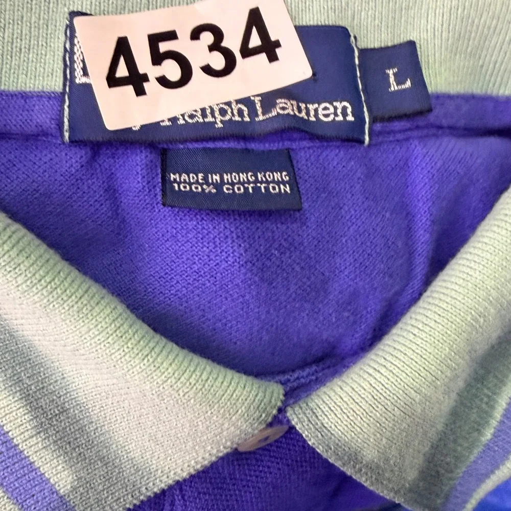 Polo Ralph Lauren Polo Shirt Men L Blue Striped Collar Cotton Pique Classic Pony